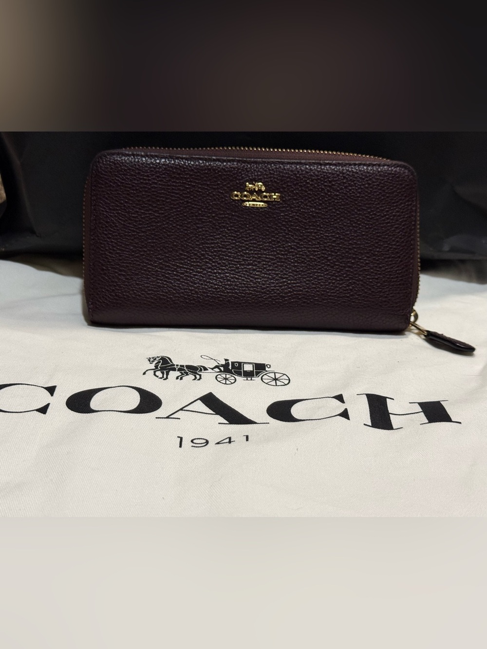 Coach Pebbled Zip Wallet in Deep Burgundy with Gold Logo
